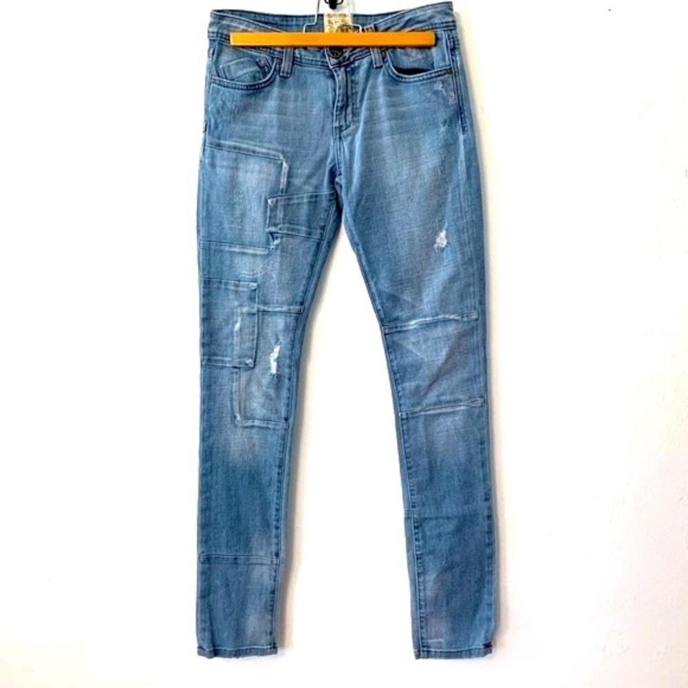 DYLAN GEORGE Light Wash Distressed Patchwork Skinny Stretch Jeans 27
